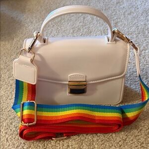 Women's White Jelly Top-Handle Crossbody Bag with Rainbow Guitar Strap